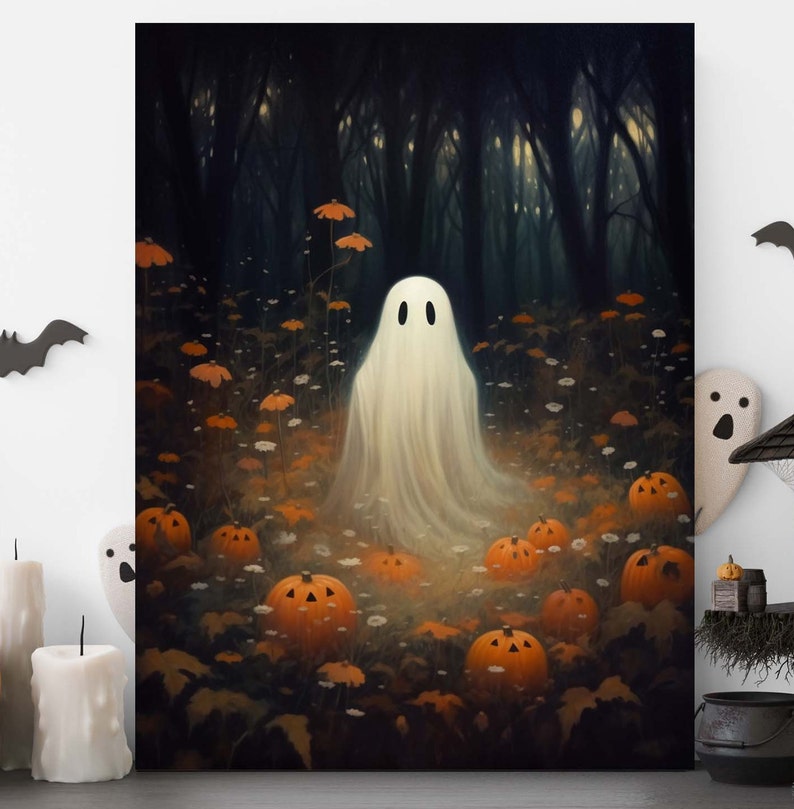 Halloween Ghost Metal Sign, Pumpkin Print Cottagecore Wall Decor, Spooky Fall Farmhouse Sign, Rustic Halloween Home Decoration