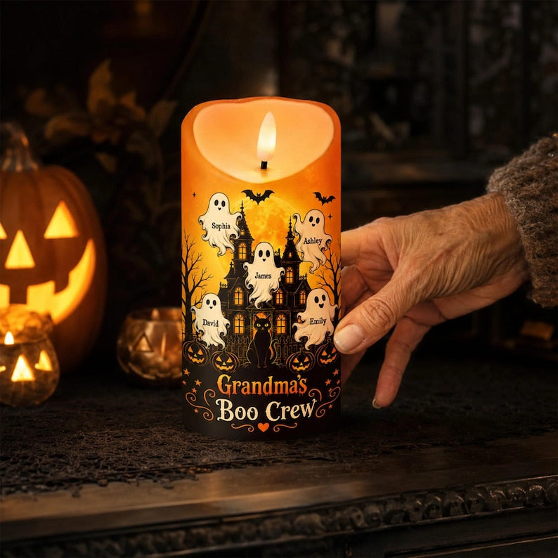 Personalized Grandma Boo Crew Halloween LED Candle, Grandkids Name Ghost Flameless Decor Gift