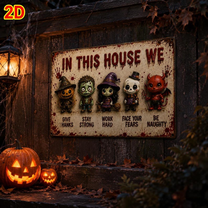 2D Halloween Metal Sign, Vintage Spooky Wall Decor, Horror Family Rules Plaque, Rustic Halloween Door Sign, Haunted House Decoration
