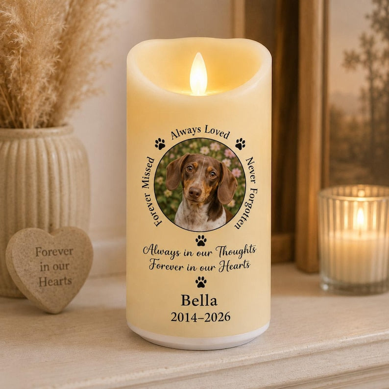 Custom Dog Cat Memorial LED Candle, Personalized Pet Photo Remembrance Light, Rainbow Bridge Keepsake, Pet Loss Gift