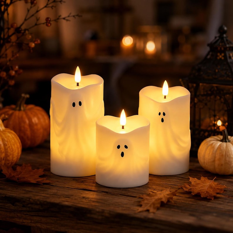 Ghost LED Candle, Halloween Flameless Candle with Remote & Timer, Spooky Table Decor, Pumpkin Fall Home Decoration