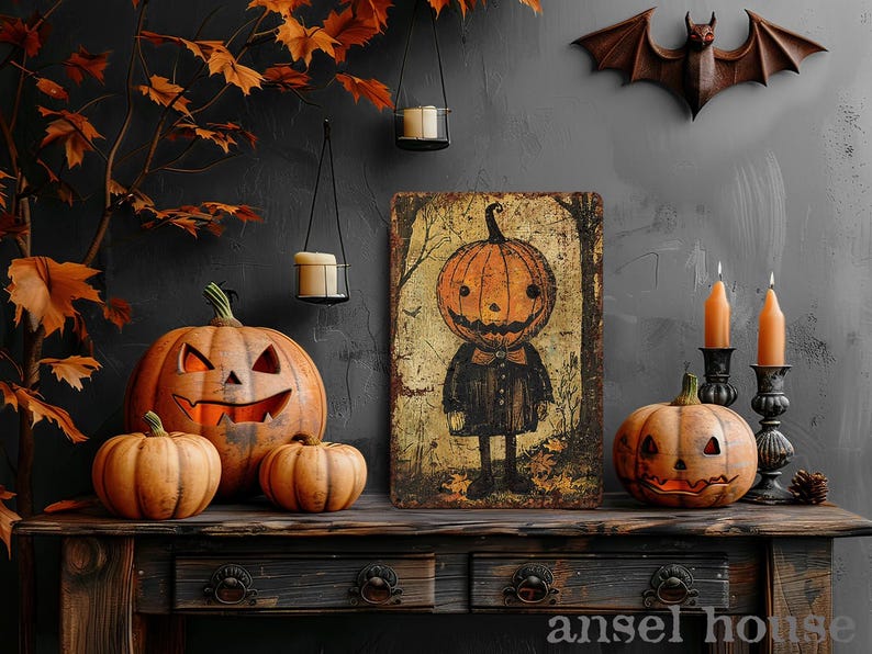 🎃 Primitive Pumpkinhead Halloween Metal Sign, Rustic Bow Tie Pumpkin Decor, Antique Cottagecore Wall & Mantel Art