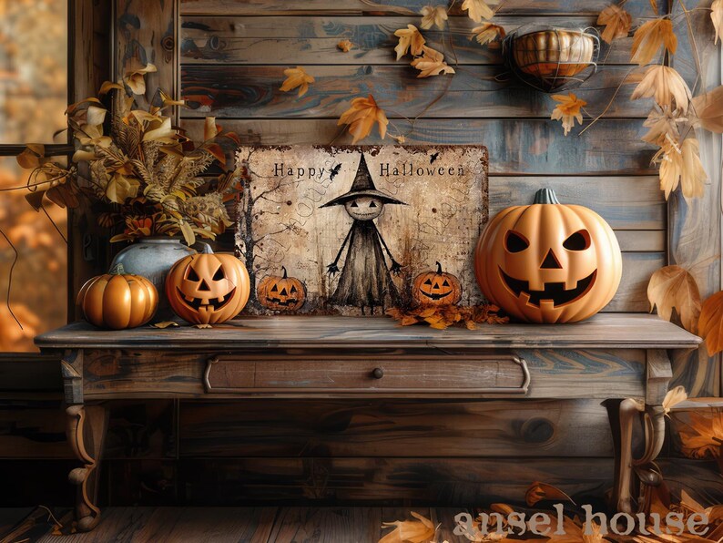 Primitive Halloween Metal Sign, Rustic Witch & Pumpkin Porch Decor, Distressed Vintage Halloween Wall Art, Cottagecore Outdoor Sign