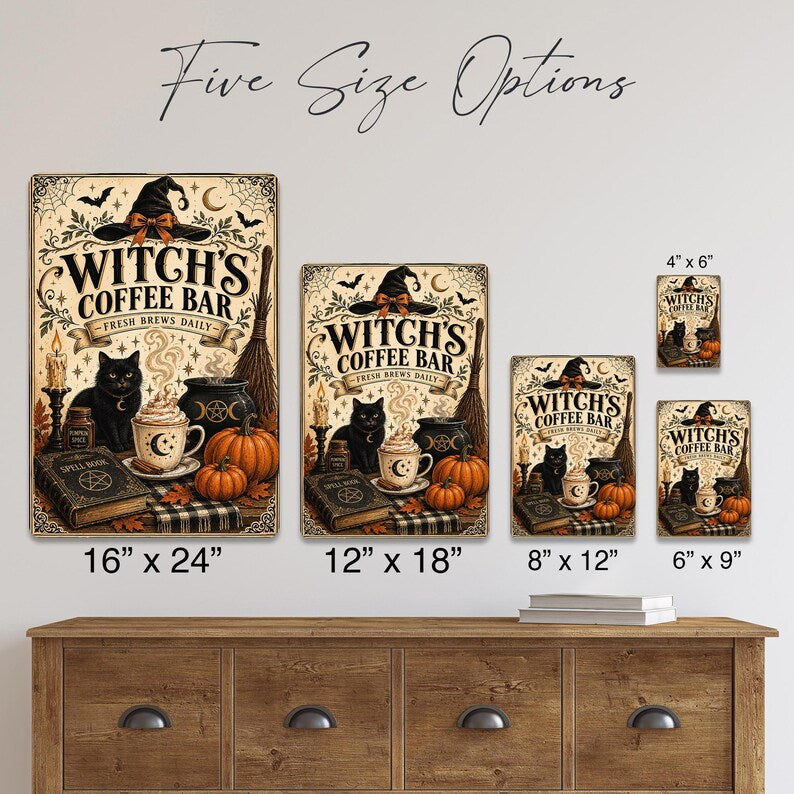 Witch’s Coffee Bar Metal Sign – Fresh Brews Daily, Funny Halloween Coffee Decor, Spooky Witchy Wall Plaque