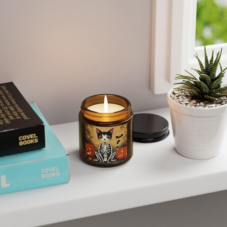 Enchanted Cat Skeleton Candle, Natural Soy Wax Halloween Candle, Spooky Cat Lover Decor, Gothic Witchy Candle, Halloween Home Decor, 4oz 9oz Gift