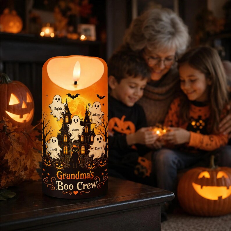Personalized Grandma Boo Crew Halloween LED Candle, Grandkids Name Ghost Flameless Decor Gift