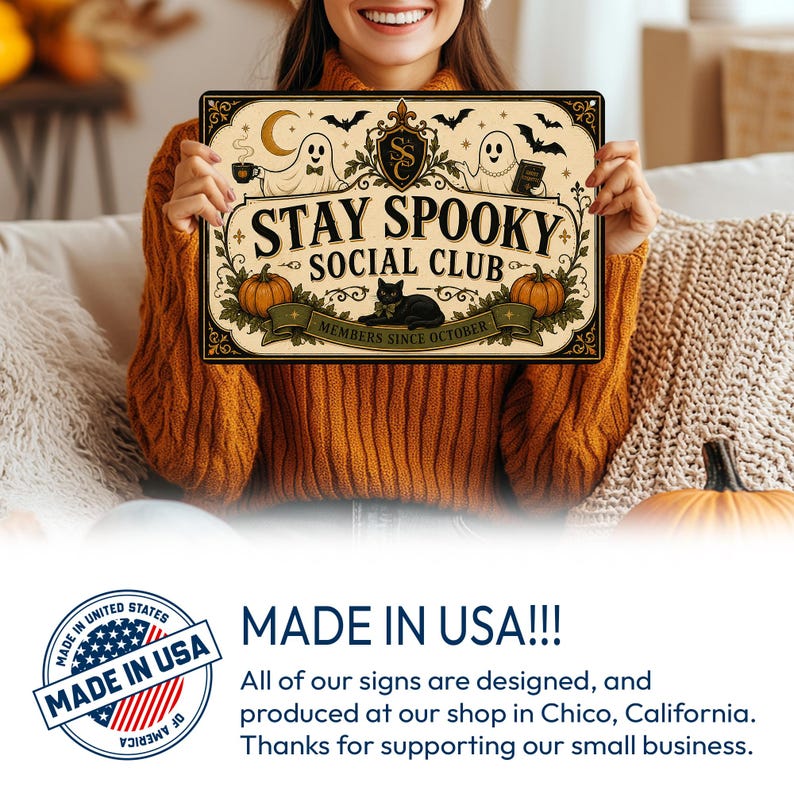 Stay Spooky Social Club Metal Sign, Cute Ghost Halloween Wall Decor, Spooky Season Hanging Sign, Haunted House Porch Decoration, Halloween Gift