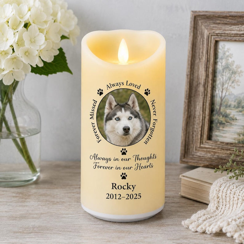 Custom Dog Cat Memorial LED Candle, Personalized Pet Photo Remembrance Light, Rainbow Bridge Keepsake, Pet Loss Gift