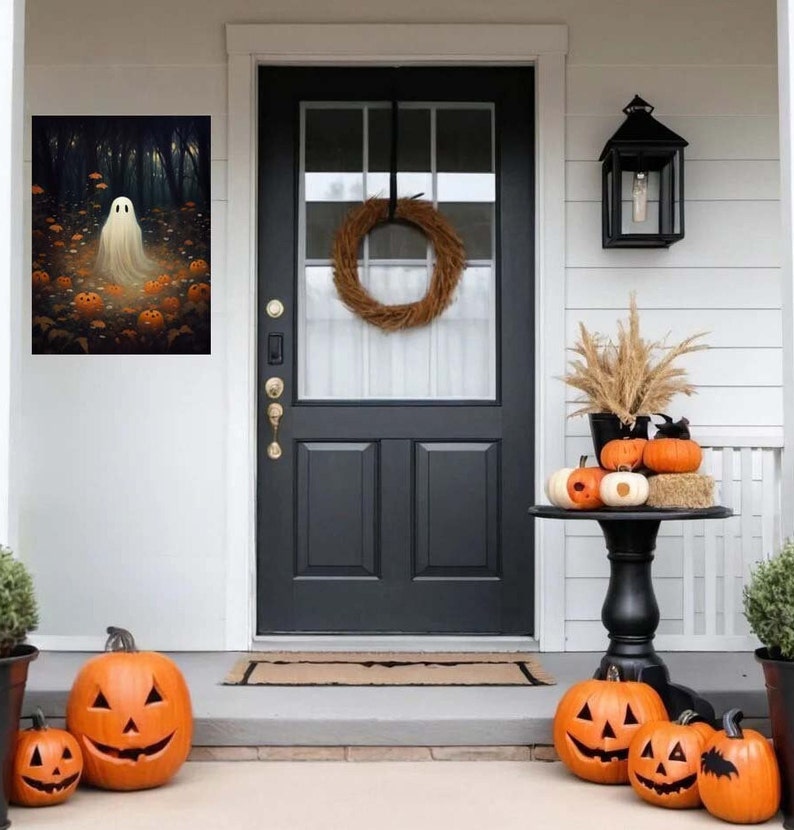 Halloween Ghost Metal Sign, Pumpkin Print Cottagecore Wall Decor, Spooky Fall Farmhouse Sign, Rustic Halloween Home Decoration