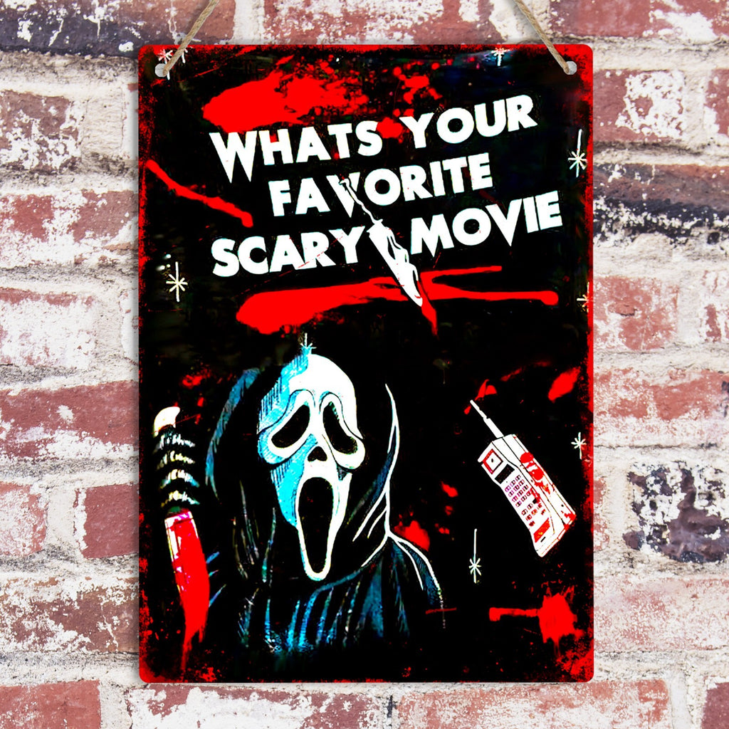 What’s Your Favorite Scary Movie Metal Tin Sign, Halloween Horror Wall Decor, Spooky Movie Quote Sign, Vintage Horror Room Decor, Halloween Gift