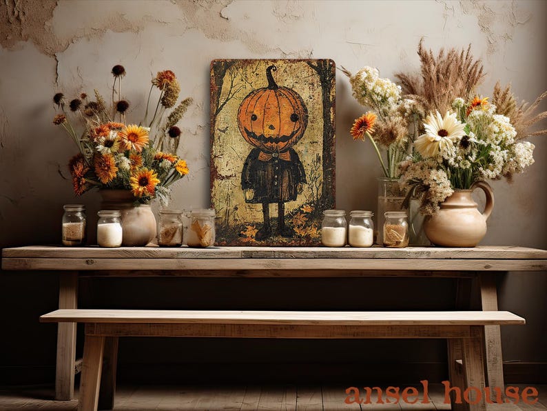 🎃 Primitive Pumpkinhead Halloween Metal Sign, Rustic Bow Tie Pumpkin Decor, Antique Cottagecore Wall & Mantel Art