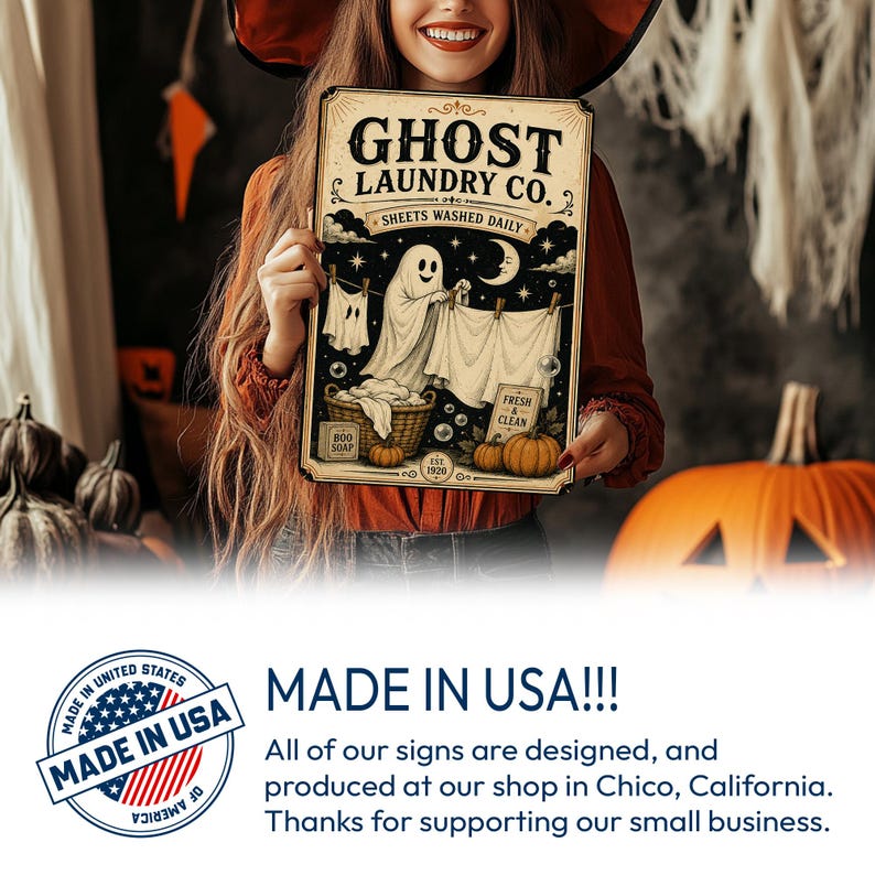 Ghost Laundry Co Metal Sign, Washed Daily Laundry Room Wall Decor, Cute Ghost Halloween Sign, Vintage Spooky Home Decoration