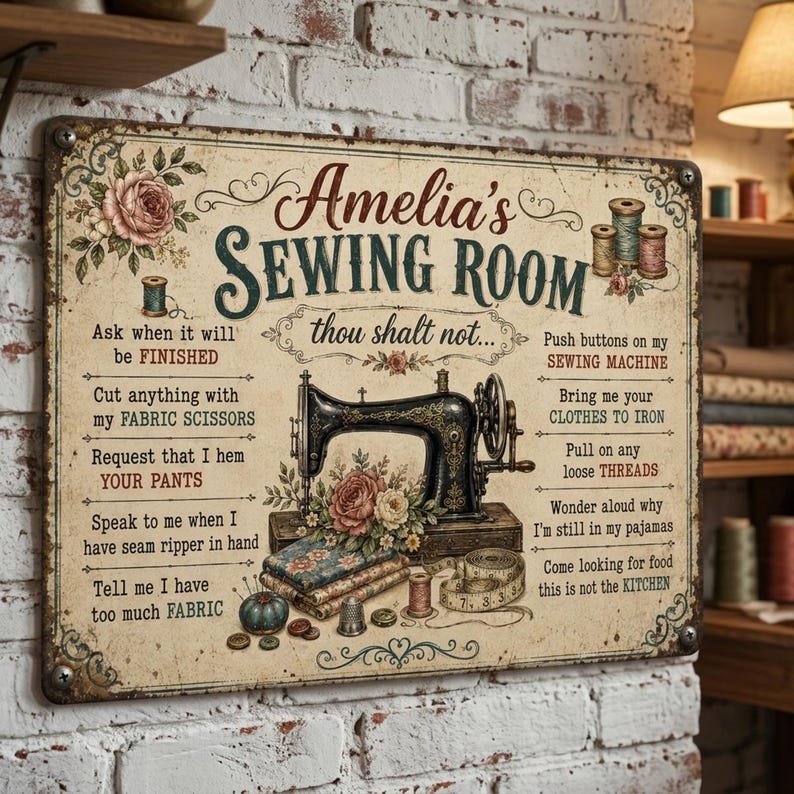 Personalized Sewing Room Thou Shalt Not Metal Sign – Vintage Seamstress Decor, Quilting Rules Wall Art, Retro Tailor Gift
