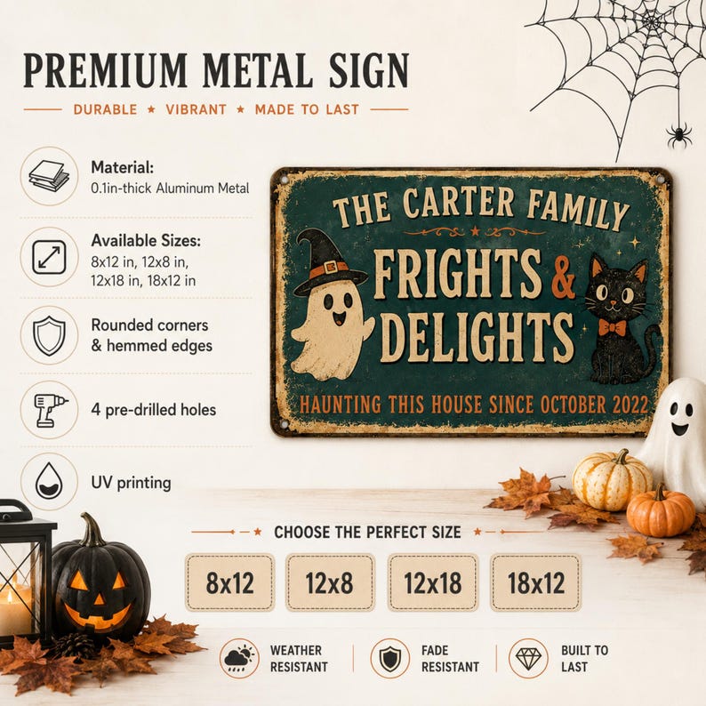Personalized Frights & Delights Halloween Metal Sign – Custom Family Name, Ghost & Black Cat Decor, Spooky Wall Plaque