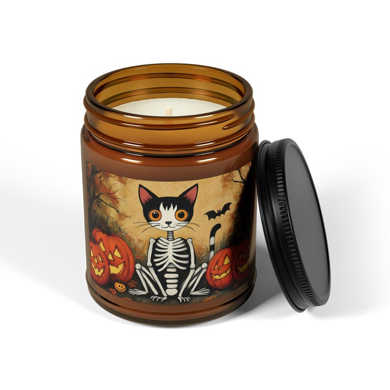 Enchanted Cat Skeleton Candle, Natural Soy Wax Halloween Candle, Spooky Cat Lover Decor, Gothic Witchy Candle, Halloween Home Decor, 4oz 9oz Gift