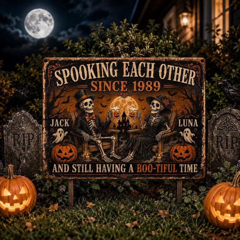 Personalized Halloween Skeleton Couple Metal Sign, Custom 2 Names and Year, Spooky Anniversary Yard Sign, Halloween Garden Decor, Couple Gift