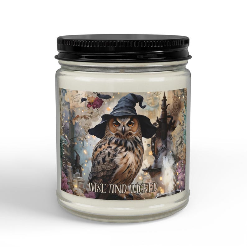 Witchy Owl Halloween Candle, Mystical Owl Glass Jar Candle, Spooky Gothic Fall Decor, Enchanted Witch Gift
