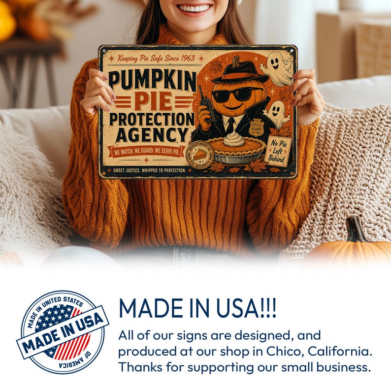 Pumpkin Pie Protection Agency Metal Sign, Funny Halloween Kitchen Decor, Pumpkin Pie Wall Sign, Thanksgiving Fall Home Decor, Retro Pie Lover Gift