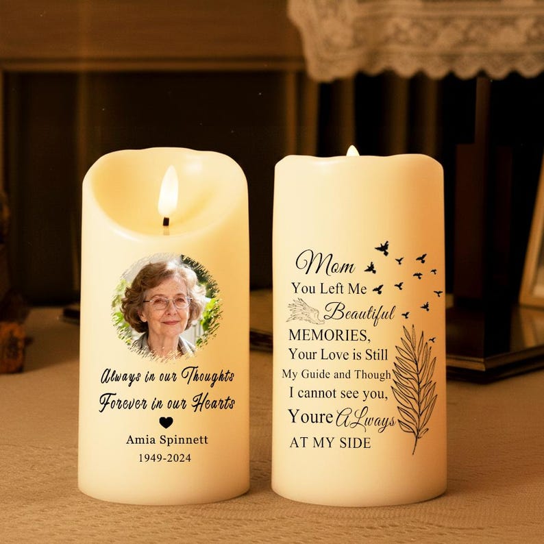 Personalized Memorial LED Candle with Photo, Custom Picture Remembrance Light, In Loving Memory Flameless Candle, Sympathy Gift for Mom Dad, Christmas Keepsake