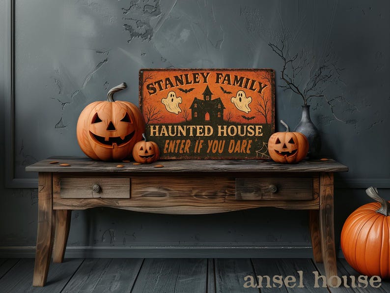 Custom Halloween Haunted House Metal Sign – Personalized Rustic Spooky Decor, Primitive Halloween Porch & Front Door Plaque