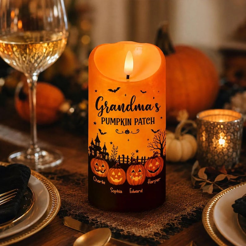 Personalized Grandma Boo Crew LED Candle , Grandkids Name Ghost Halloween Flameless Decor Gift