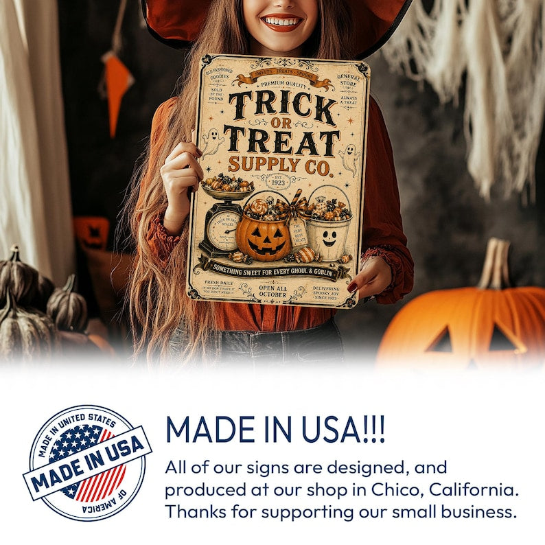 Trick or Treat Supply Co Metal Sign, Vintage Halloween Candy Shop Decor, Cute Pumpkin Ghost Wall Sign, Spooky Porch Decoration, Halloween Gift