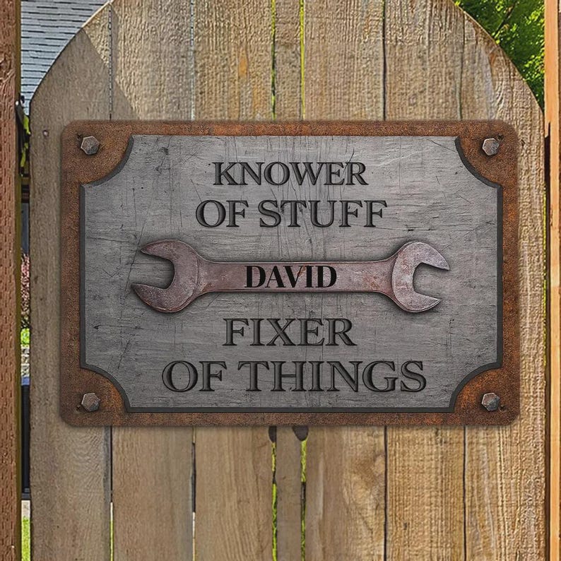 Personalized Knower of Stuff Fixer of Things Metal Sign – Custom Garage Decor, Handyman Workshop Sign, Dad Gift for Him