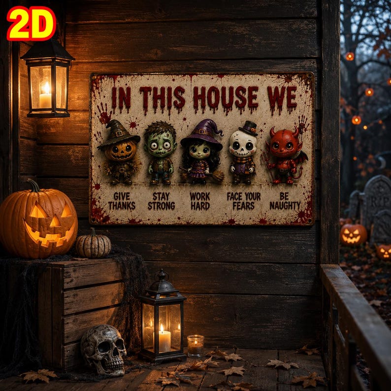 2D Halloween Metal Sign, Vintage Spooky Wall Decor, Horror Family Rules Plaque, Rustic Halloween Door Sign, Haunted House Decoration