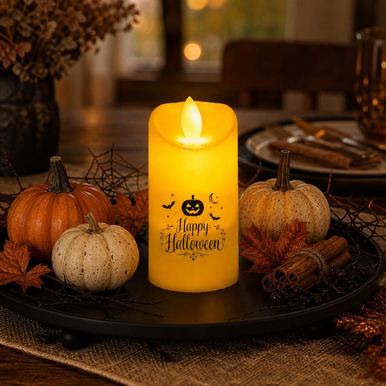 Personalized Halloween LED Candle, Custom Flameless Candle Decor, Spooky Season Gift, Pumpkin Ghost Light, Safe Flickering LED Festival Lamp (Copy)