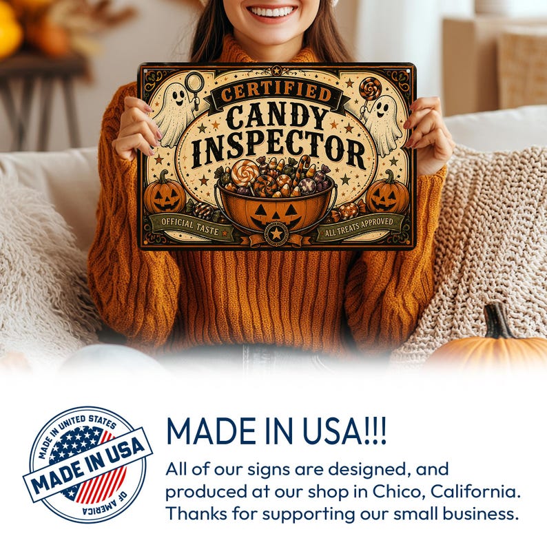Certified Candy Inspector Metal Sign – Funny Halloween Trick or Treat Decor, Spooky Candy Wall Plaque, Candy Lover Gift