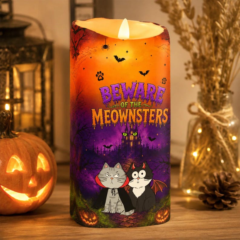 Cat Halloween LED Candle, Meownsters Cat Lover Gift, Halloween Decor For Cat Mom