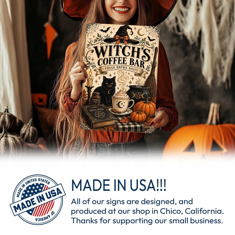Witch’s Coffee Bar Metal Sign – Fresh Brews Daily, Funny Halloween Coffee Decor, Spooky Witchy Wall Plaque