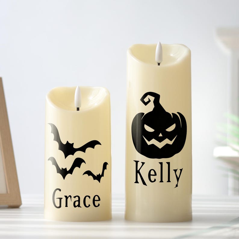 Personalized Halloween LED Candle, Bat and Pumpkin Name Candle, Flameless Spooky Decor,Custom Halloween Gift, Autumn Decor, Party Decoration