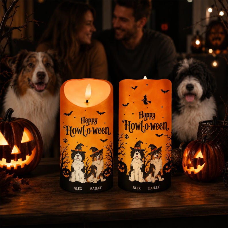 🐶🎃 Custom Happy Howl-o-ween Halloween Dog LED Candle 🕯️👻