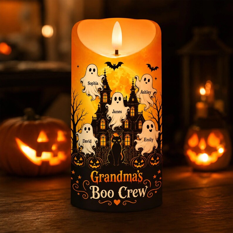 Personalized Grandma Boo Crew Halloween LED Candle, Grandkids Name Ghost Flameless Decor Gift