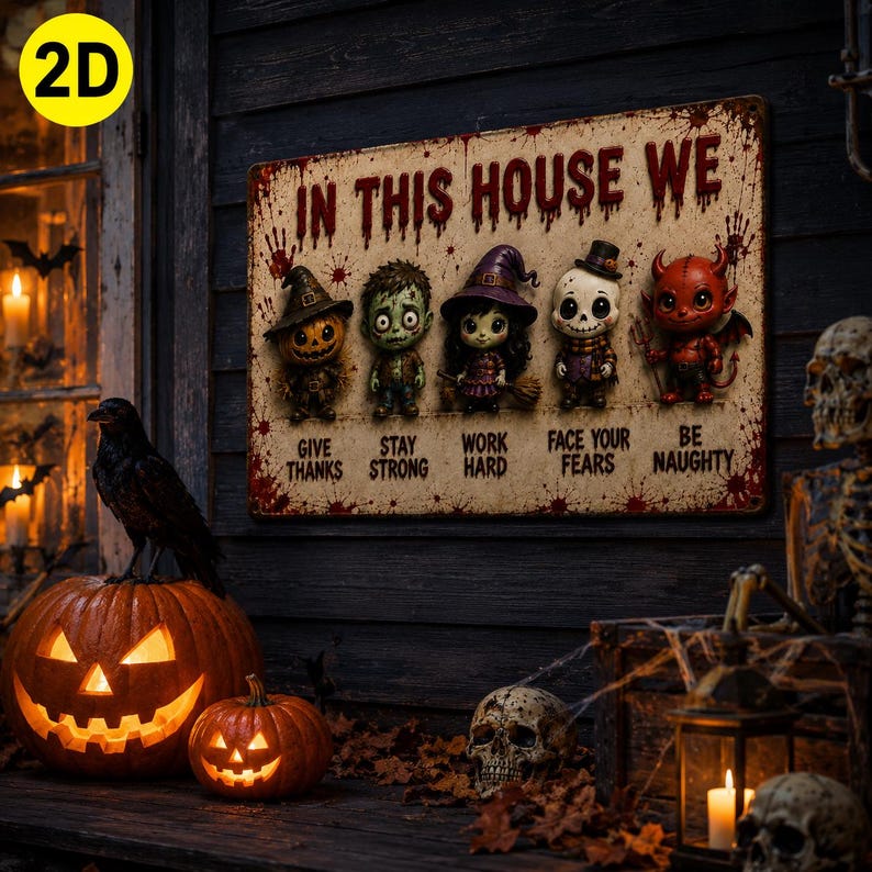2D Halloween Metal Sign, Vintage Spooky Wall Decor, Horror Family Rules Plaque, Rustic Halloween Door Sign, Haunted House Decoration