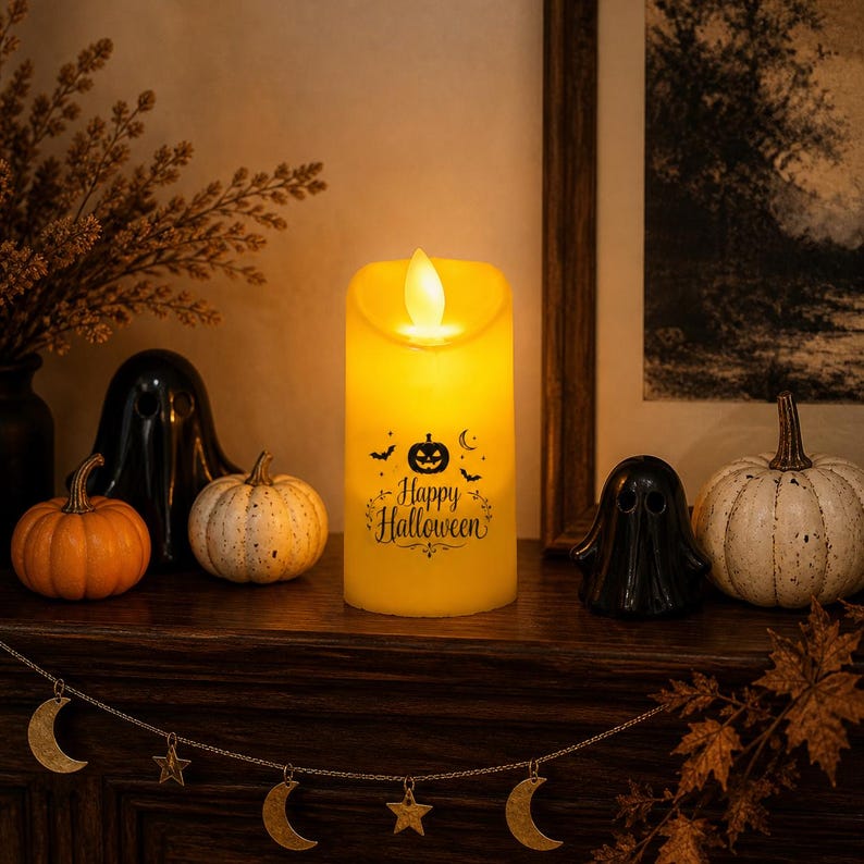 Personalized Halloween LED Candle, Custom Flameless Candle Decor, Spooky Season Gift, Pumpkin Ghost Light, Safe Flickering LED Festival Lamp (Copy)