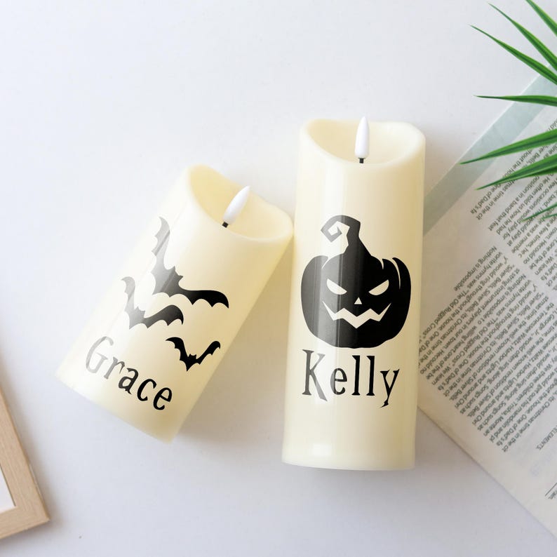 Personalized Halloween LED Candle, Bat and Pumpkin Name Candle, Flameless Spooky Decor,Custom Halloween Gift, Autumn Decor, Party Decoration