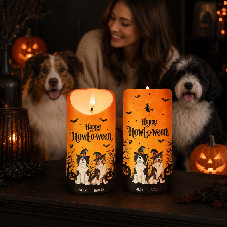 🐶🎃 Custom Happy Howl-o-ween Halloween Dog LED Candle 🕯️👻