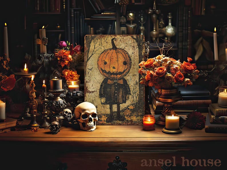 🎃 Primitive Pumpkinhead Halloween Metal Sign, Rustic Bow Tie Pumpkin Decor, Antique Cottagecore Wall & Mantel Art
