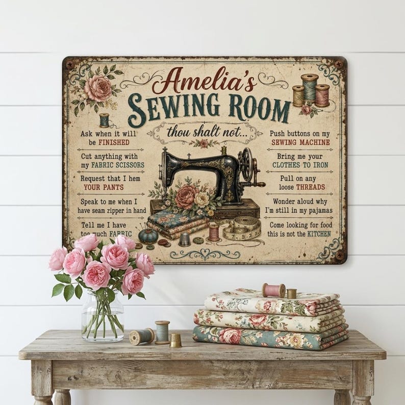 Personalized Sewing Room Thou Shalt Not Metal Sign – Vintage Seamstress Decor, Quilting Rules Wall Art, Retro Tailor Gift