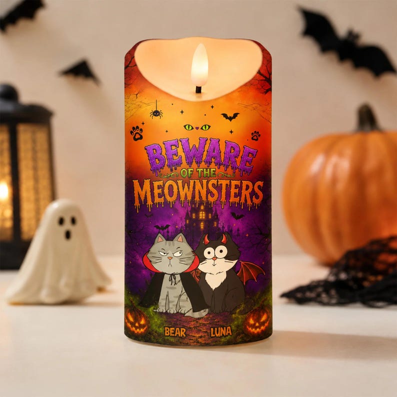 Cat Halloween LED Candle, Meownsters Cat Lover Gift, Halloween Decor For Cat Mom