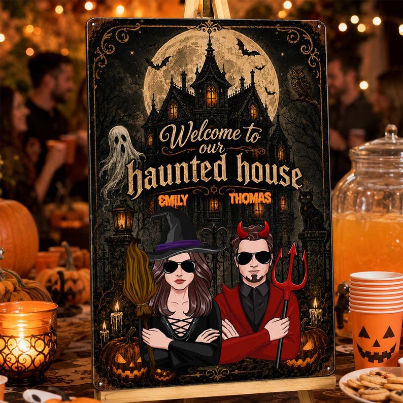 Custom Halloween Haunted House Sign, Personalized Welcome Halloween Metal Sign, Couple Halloween Yard Decor, Spooky Porch Wall Art, Halloween Gift