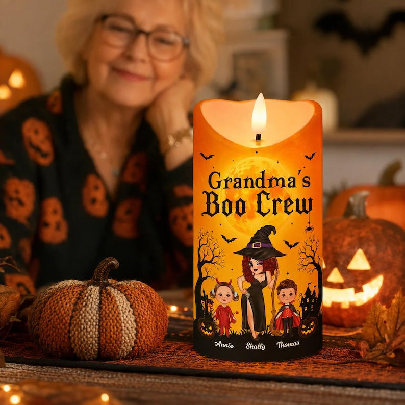 Personalized Grandma Boo Crew LED Candle , Grandkids Name Ghost Halloween Flameless Decor Gift