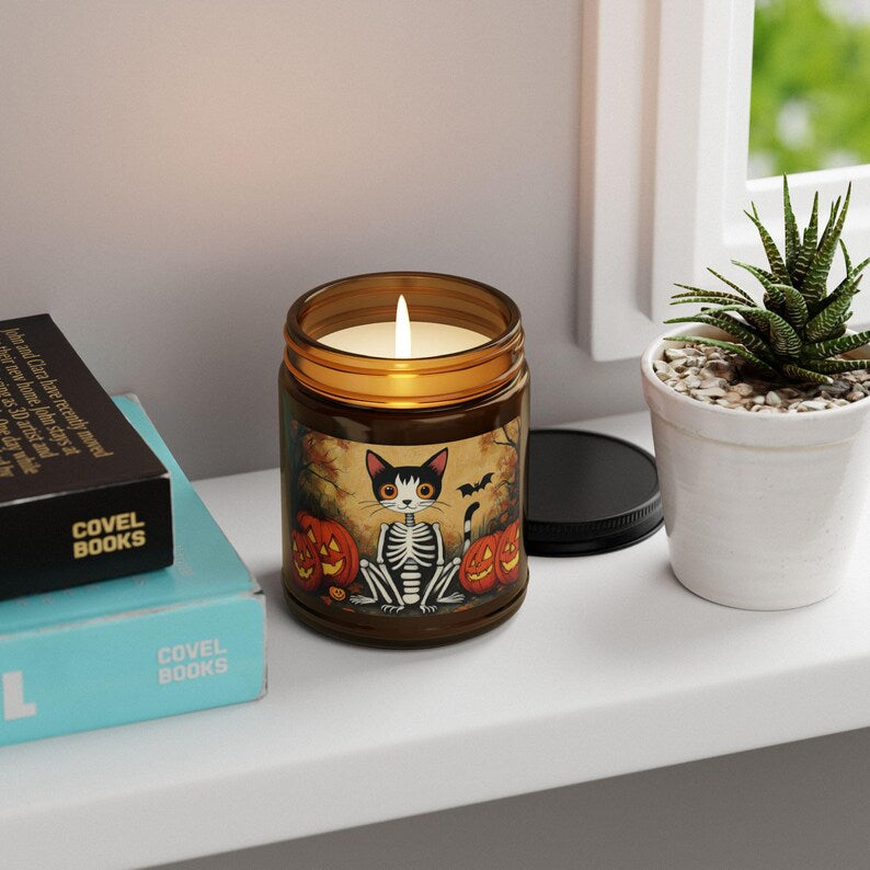 Enchanted Cat Skeleton Candle, Natural Soy Wax Halloween Candle, Spooky Cat Lover Decor, Gothic Witchy Candle, Halloween Home Decor, 4oz 9oz Gift
