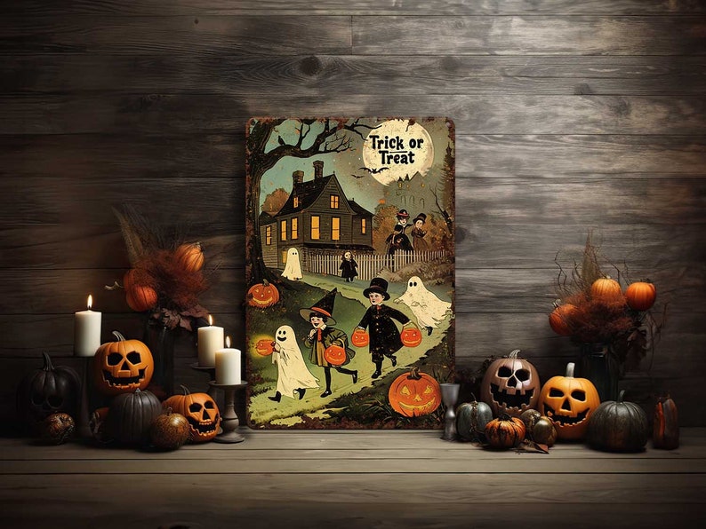 🎃 Primitive Rustic Halloween Metal Sign, Trick or Treat Kids Decor, Antique Distressed Front Door & Patio Sign (Copy)