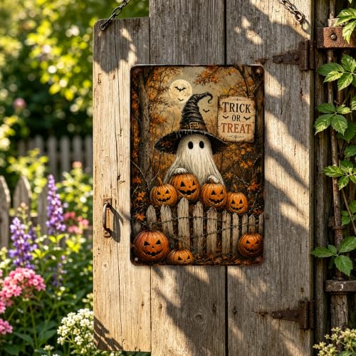 Halloween Trick or Treat Garden Metal Sign, Spooky Outdoor Wall Decor, Rustic Pumpkin Halloween Yard Decoration, Fall Garden Sign (Copy)