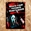What’s Your Favorite Scary Movie Metal Tin Sign, Halloween Horror Wall Decor, Spooky Movie Quote Sign, Vintage Horror Room Decor, Halloween Gift