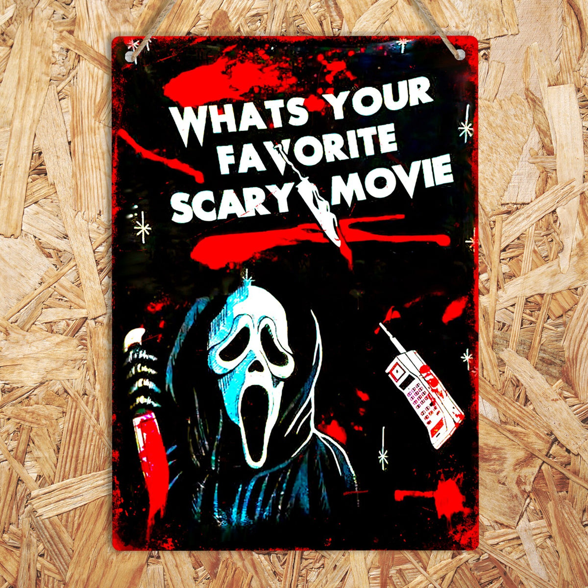 What’s Your Favorite Scary Movie Metal Tin Sign, Halloween Horror Wall Decor, Spooky Movie Quote Sign, Vintage Horror Room Decor, Halloween Gift