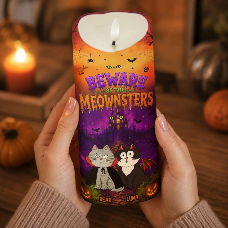 Cat Halloween LED Candle, Meownsters Cat Lover Gift, Halloween Decor For Cat Mom